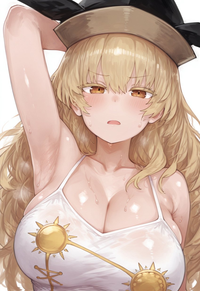 1girls ai_generated armpits blonde_hair cleavage hat huge_breasts large_breasts okina_matara sweat tank_top touhou very_long_hair