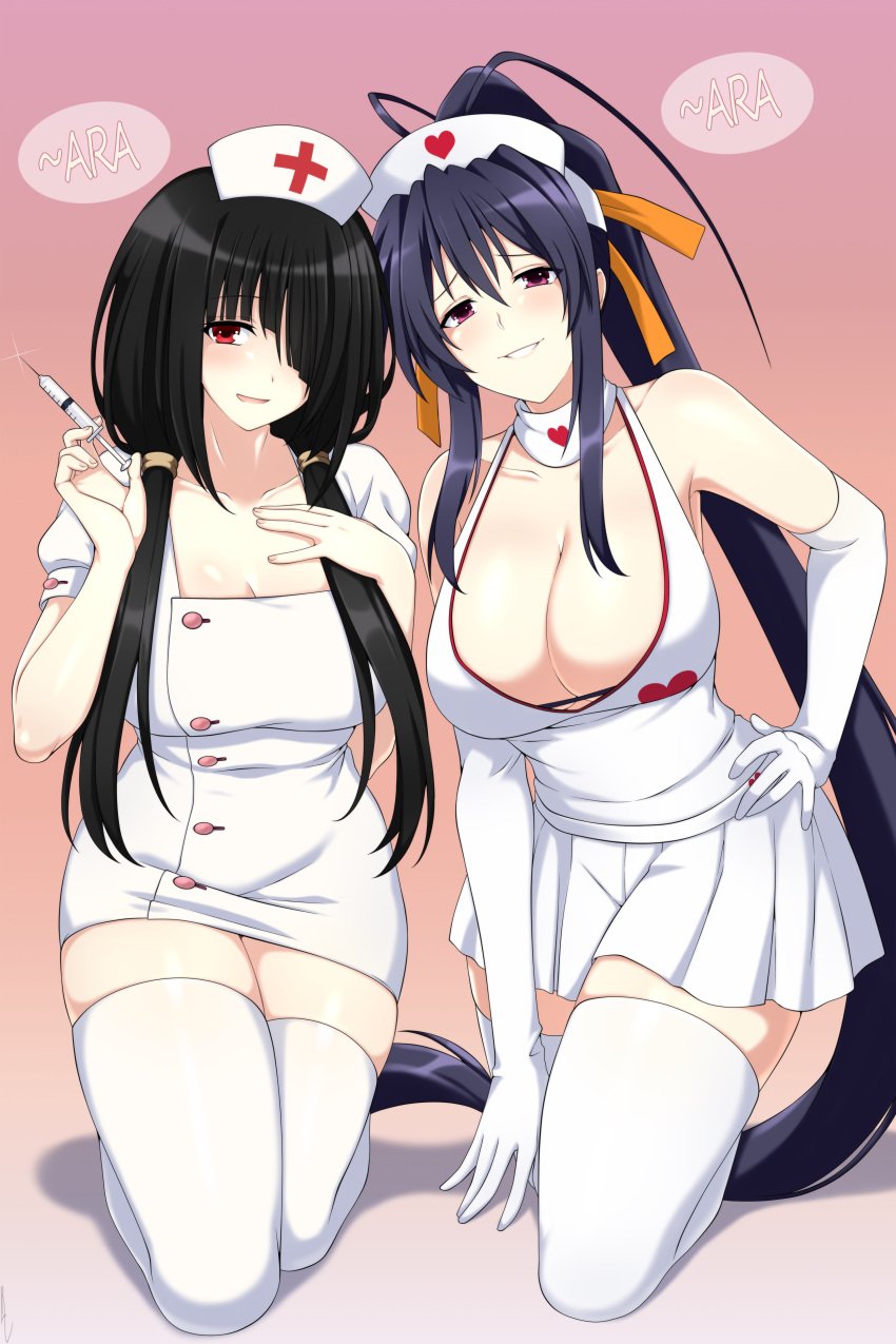 2girls akeno_himejima ara_ara crossover date_a_live high_school_dxd lindaroze nurse_cap nurse_uniform syringe tokisaki_kurumi uh_oh