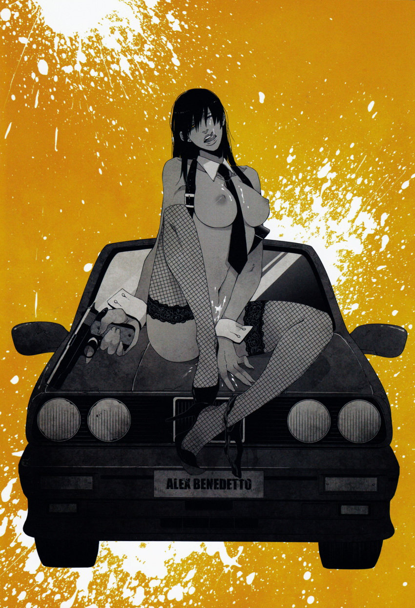 alex_benedetto black_hair black_necktie black_pants breasts car completely_nude english_text facing_viewer female female_masturbation fishnet_thighhighs fishnets gangsta gun hair_over_eyes high_heels highres holding holding_gun holding_weapon kohske license_plate licking_lips long_hair looking_at_viewer masturbation medium_breasts motor_vehicle necktie non-web_source nude on_car paint_splatter pants partially_colored public_indecency public_masturbation public_nudity suspenders thighhighs tongue tongue_out undressing weapon white_wrist_cuffs wrist_cuffs