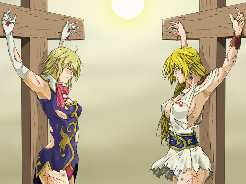 2girls a-ru_(dn1217) blonde_hair blood bruise cassandra_alexandra closed_eyes cross crucifixion female female_only human injury long_hair milf multiple_females multiple_girls nailed_to_cross sisters sophitia_alexandra soul_calibur torn_clothes torture