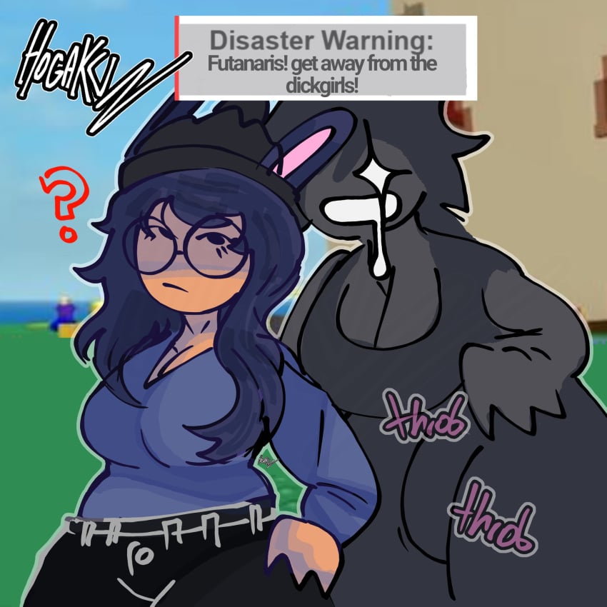 1futa 1girls artist_name artistic behind_another big_ass big_breasts big_penis blue_hair blue_haired_bunny_girl_(roblox) bulge bulge_under_clothes bunny_ears bunny_girl futa futanari glasses hogakku_ imminent_rape imminent_sex jeans natural_disaster_survival onomatopoeia question_mark roblox roblox_avatar roblox_game robloxian tagme text text_box throbbing