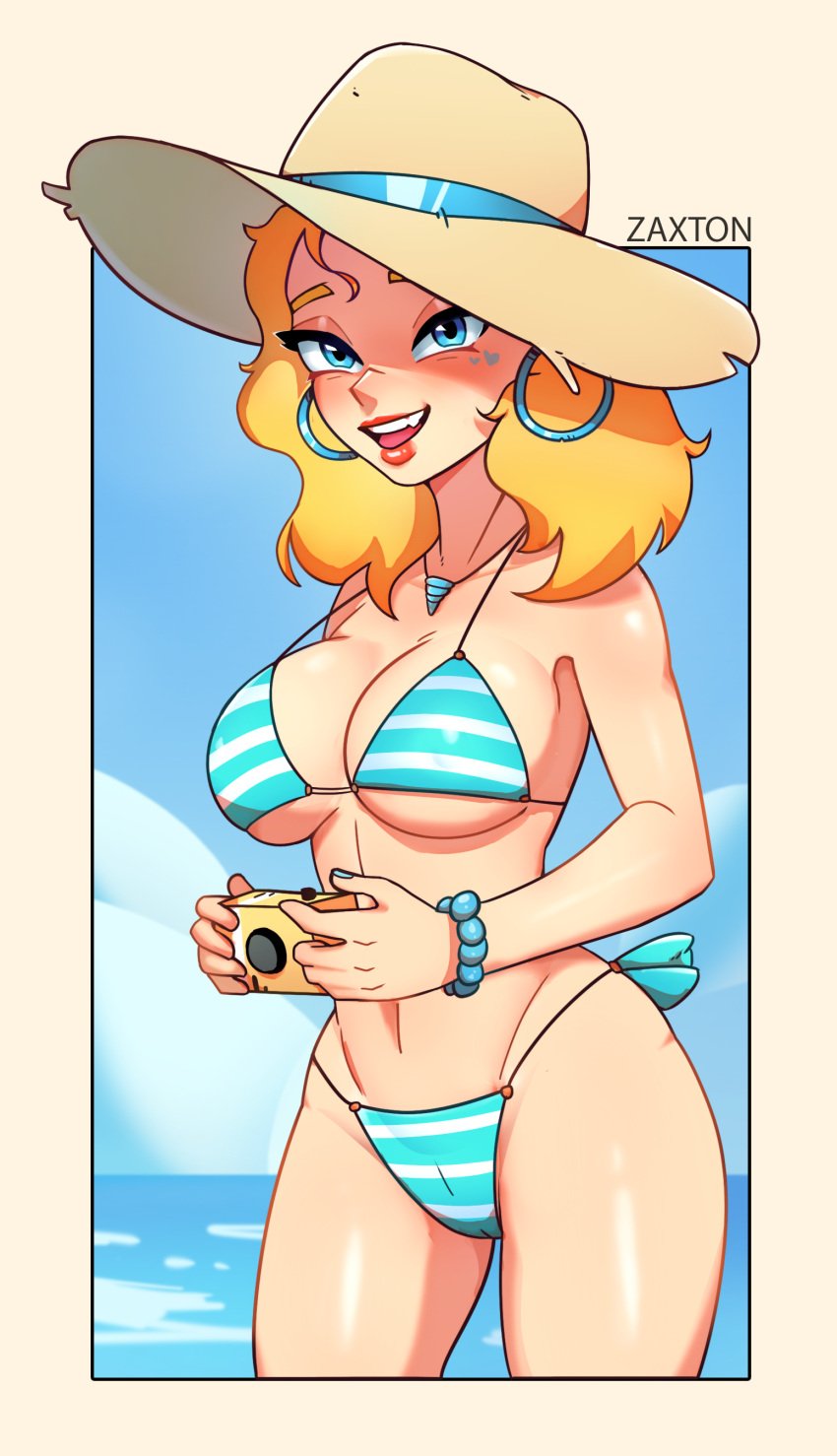 1girls 2d bikini bikini_bottom bikini_top blonde_hair blue_eyes cleavage digital_media_(artwork) fanart female female_only haley_(stardew_valley) nail_polish painted_fingernails painted_nails revealing_clothes smile standing stardew_valley zaxton