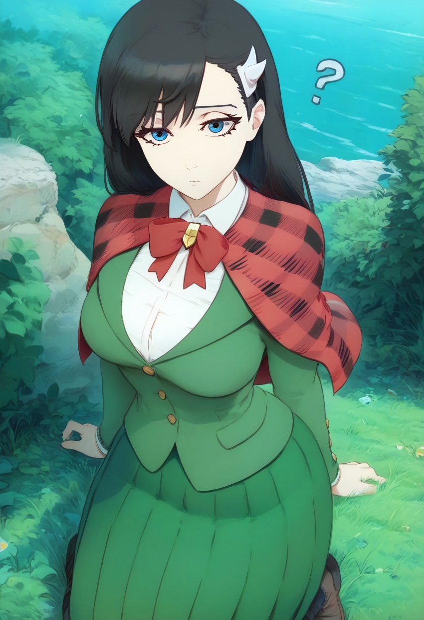 1girls ? ai_generated black_hair bleach blue_eyes bow burn_the_witch civitai collared_shirt confused curious female jacket kneeling large_breasts long_hair looking_at_viewer noel_niihashi outdoors plaid pleated_skirt shirt skirt viewed_from_above