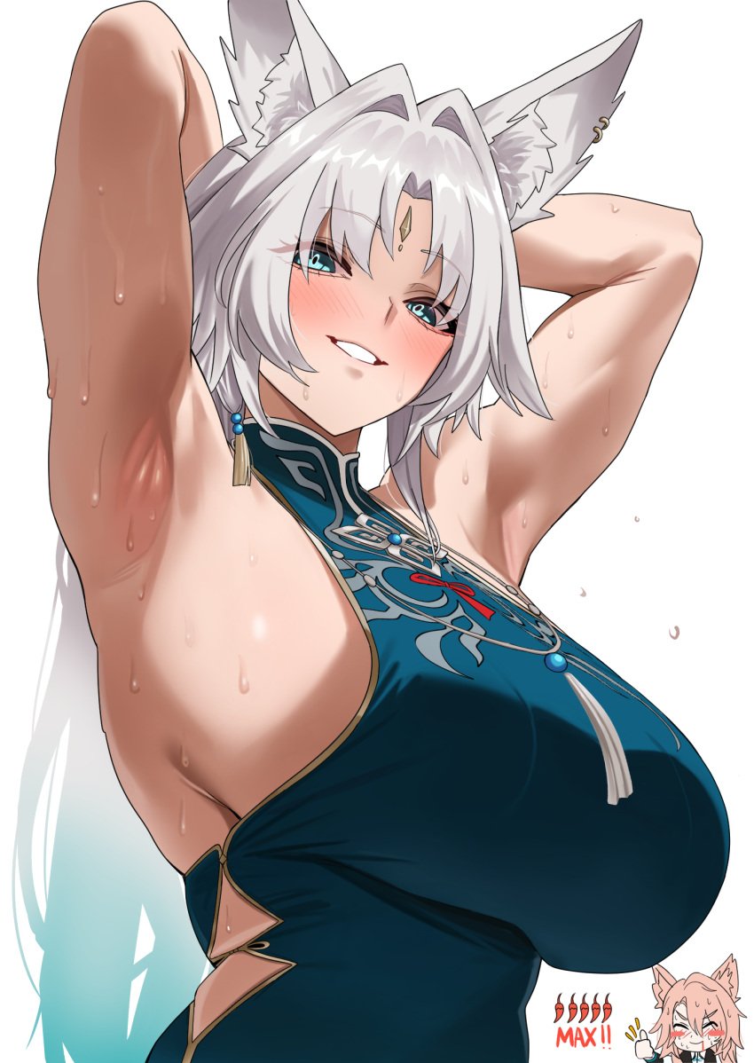 animal_ears armpit_focus armpits chinese_dress feixiao_(honkai:_star_rail) fox_ears honkai:_star_rail honkai_(series) huge_breasts jiaoqiu_(honkai:_star_rail) muscular_female neige_(pixiv6850453) sweat sweatdrop sweating white_hair