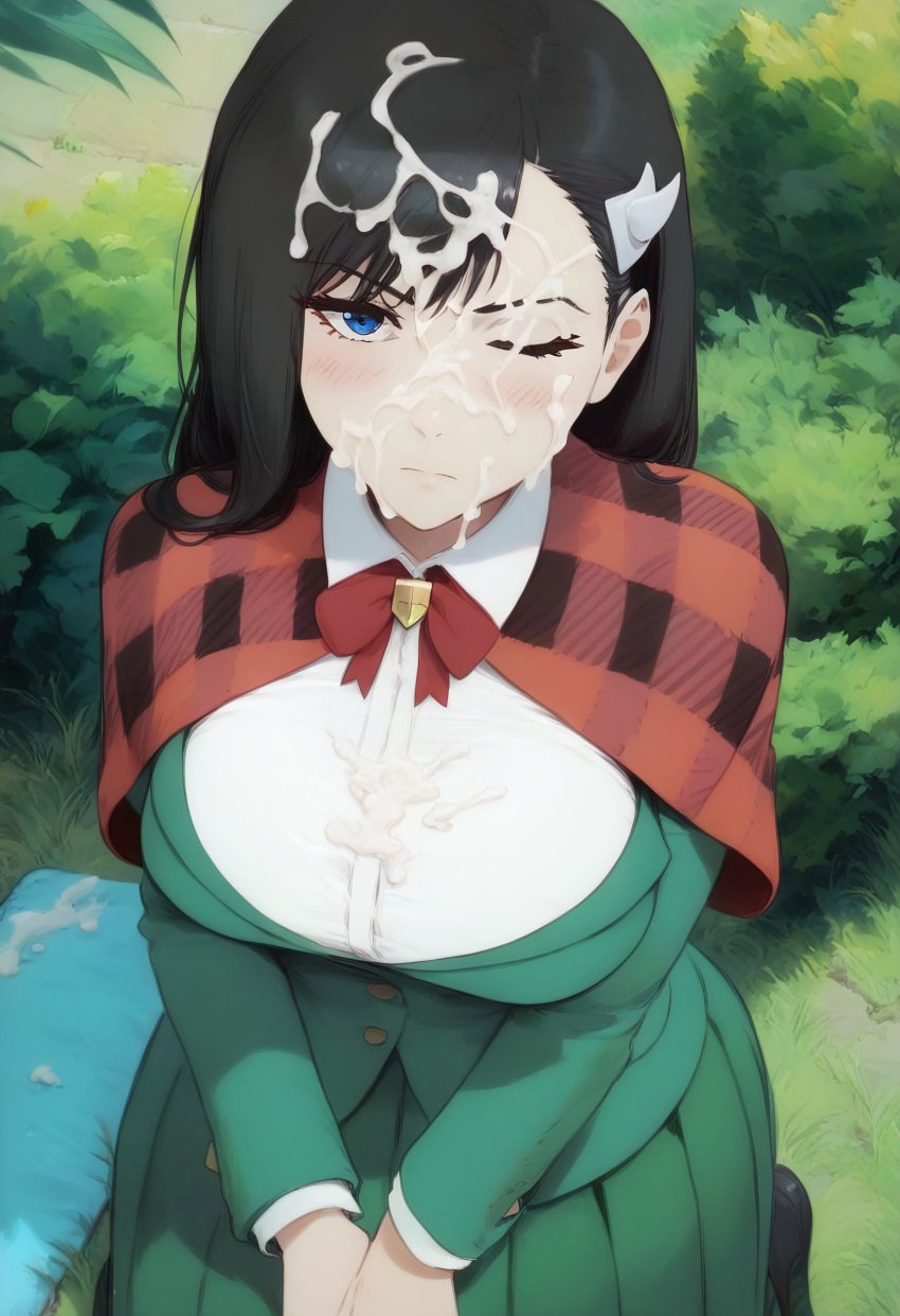 1girls ai_generated annoyed annoyed_expression black_hair bleach blue_eyes blush bow burn_the_witch civitai collared_shirt cum cum_drip cum_on_breasts cum_on_face cum_on_hair facial female jacket kneeling long_hair looking_at_viewer noel_niihashi one_eye_closed outdoors plaid pleated_skirt shirt skirt viewed_from_above