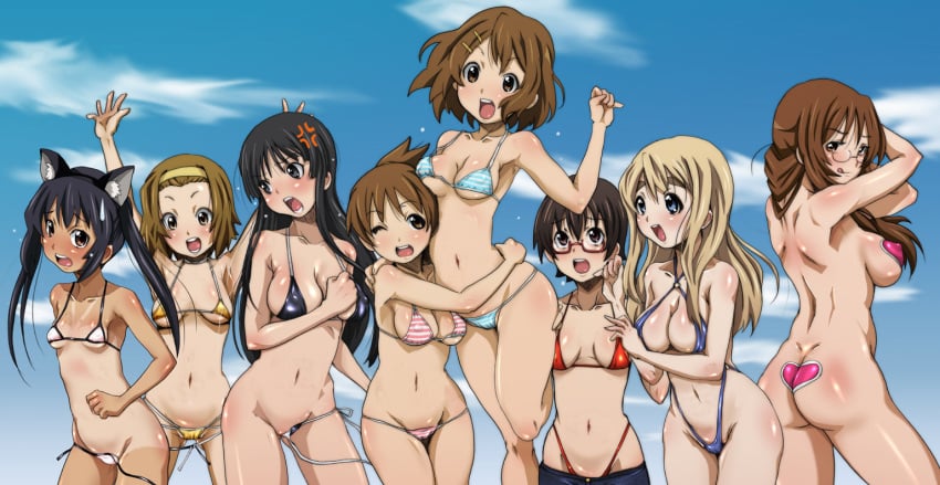 animal_ear arms_up ass_cleavage azusa_nakano_(k-on!) bikini black_hair blonde_hair blush breasts brown_hair butt_crack derivative_work everyone female female_only glasses hirokawa_kouichirou hug human human_only k-on! large_breasts long_hair micro_bikini mio_akiyama_(k-on!) multiple_girls nodoka_manabe_(k-on!) outstretched_arms photoshop ritsu_tainaka_(k-on!) sawako_yamanaka_(k-on!) short_hair side-tie_bikini sling_bikini string_bikini swimsuit tan tanline tongue tsumugi_kotobuki_(k-on!) ui_hirasawa_(k-on!) wardrobe_malfunction wink yui_hirasawa_(k-on!)