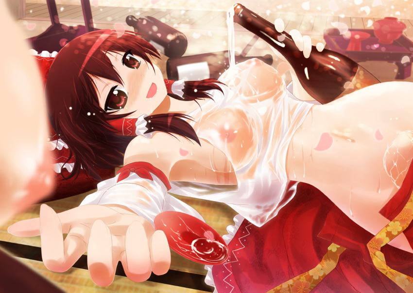 belly bottle breasts brown_eyes brown_hair drunk female hips human large_breasts lying messy navel porurin_(do-desho) reimu_hakurei sakazuki sake see-through touhou wet wet_clothes wide_hips