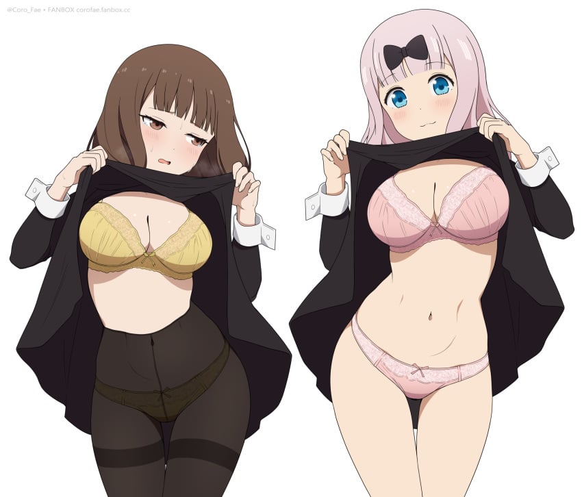 2girls absurd_res absurdres bare_belly bare_chest bare_hands bare_hips bare_legs bare_midriff bare_navel bare_skin bare_thighs belly belly_button black_bow black_dress black_hair_bow black_legwear black_outfit black_pantyhose black_school_uniform black_topwear black_uniform blue_eyes blue_eyes_female blunt_bangs blush blush_face blush_lines blushed_face blushing_at_viewer blushing_face blushing_female bra breasts brown_eyebrows brown_eyes brown_eyes_female brown_hair brown_hair_female busty busty_female busty_teen cleavage closed_mouth_smile collarbone coro_fae curvy curvy_body curvy_female curvy_figure curvy_hips curvy_teen curvy_thighs dot_nose dress dress_aside dress_lift dress_pull elbows embarrassed_exposed_female embarrassed_expression embarrassed_female exposed_belly exposed_chest exposed_hips exposed_legs exposed_midriff exposed_navel exposed_skin exposed_thighs exposing exposing_breasts exposing_chest exposing_self eyebrows_visible_through_hair female female_only fingernails fingers frilled_bra frilled_panties frilled_underwear fujiwara_chika grin groin hairbow head_tilt high_resolution high_school_student highres hourglass_figure iino_miko kaguya-sama_wa_kokurasetai_~tensai-tachi_no_renai_zunousen~ lace-trimmed_bra lace-trimmed_panties lace_bra lace_panties lace_underwear laced_bra laced_panties laced_underwear large_breasts lean_body lean_figure legs legs_closed legs_together legwear lifting_clothing lifting_dress lifting_own_clothes lifting_skirt light-skinned_female light_skin long_hair looking_at_viewer medium_breasts midriff multiple_females multiple_girls narrow_waist navel nervous nervous_expression nervous_face nervous_female open_mouth outfit pale-skinned_female pale_skin panties pantyhose parted_lips pink_bra pink_eyebrows pink_hair pink_hair_female pink_panties pink_underwear pussy ribbon_bra ribbon_panties school_girl school_uniform shiny_breasts shiny_hair shiny_skin shoulders shuuchiin_academy_school_uniform shuuchiin_academy_uniform shy simple_background skirt skirt_aside skirt_lift skirt_pull slender_body slender_waist slim_girl slim_waist smile smiley_face smiling_at_viewer smirk smooth_skin standing teen_girl teenage_girl teenager thick_thighs thigh_gap thighband_pantyhose thighs thin_waist tilted_head tongue topwear topwear_aside topwear_lift topwear_pull twintails twintails_(hairstyle) underwear uniform upper_body v-line white_background wide_hips yellow_bra yellow_panties yellow_underwear