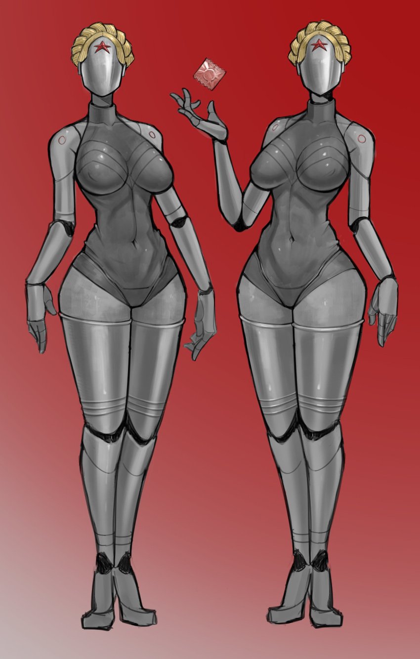 atomic_heart breasts condom curvy duo eyeless_female faceless_female full_body gradient_background left_(atomic_heart) right_(atomic_heart) robot robot_breasts robot_girl standing stuuuuh the_twins_(atomic_heart) twins