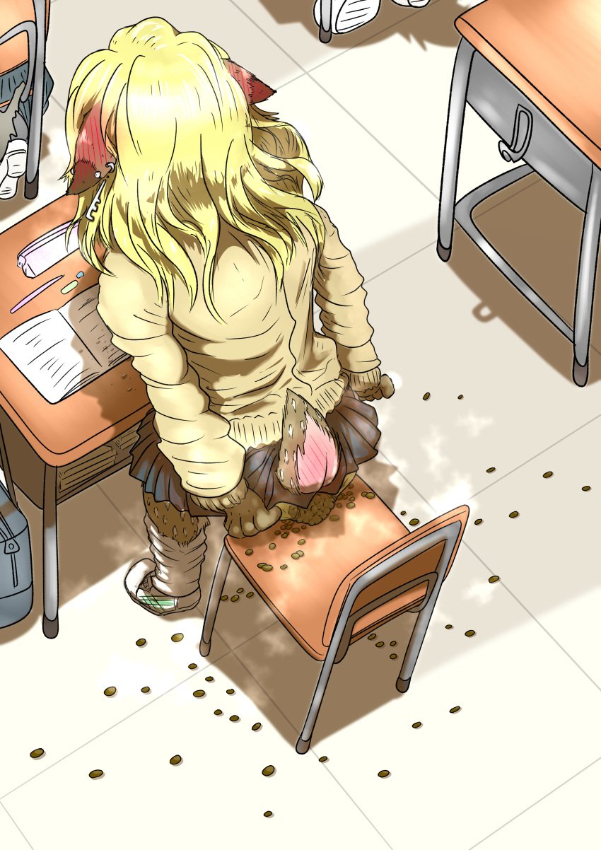 absurd_res accident anthro ass blonde_hair blush bottomwear classroom clothed clothing deer desperation embarrassed feces female hair hi_res inside mammal messy_clothing messy_panties messy_underwear mttbsmn omorashi panties pooping_on_self scat school school_uniform skirt soiling tail underwear uniform