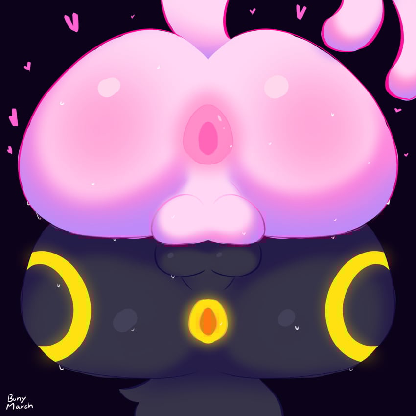1:1 absurd_res anthro anus ass ass_up balls balls_touching big_butt black_body black_fur blush bodily_fluids bunymarch42 butt_focus butt_pose butt_squish digital_media_(artwork) duo eeveelution espeon faceless_character faceless_male fur gaping gaping_anus generation_2_pokemon genitals glistening glistening_body glistening_butt heart_symbol hi_res huge_butt huge_thighs male male/male mammal nintendo nude pink_body pink_fur pokemon pokemon_(species) pose presenting presenting_hindquarters raised_tail rear_view simple_background spread_anus spreading squish sweat sweatdrop sweaty_butt tail thick_thighs umbreon wide_hips