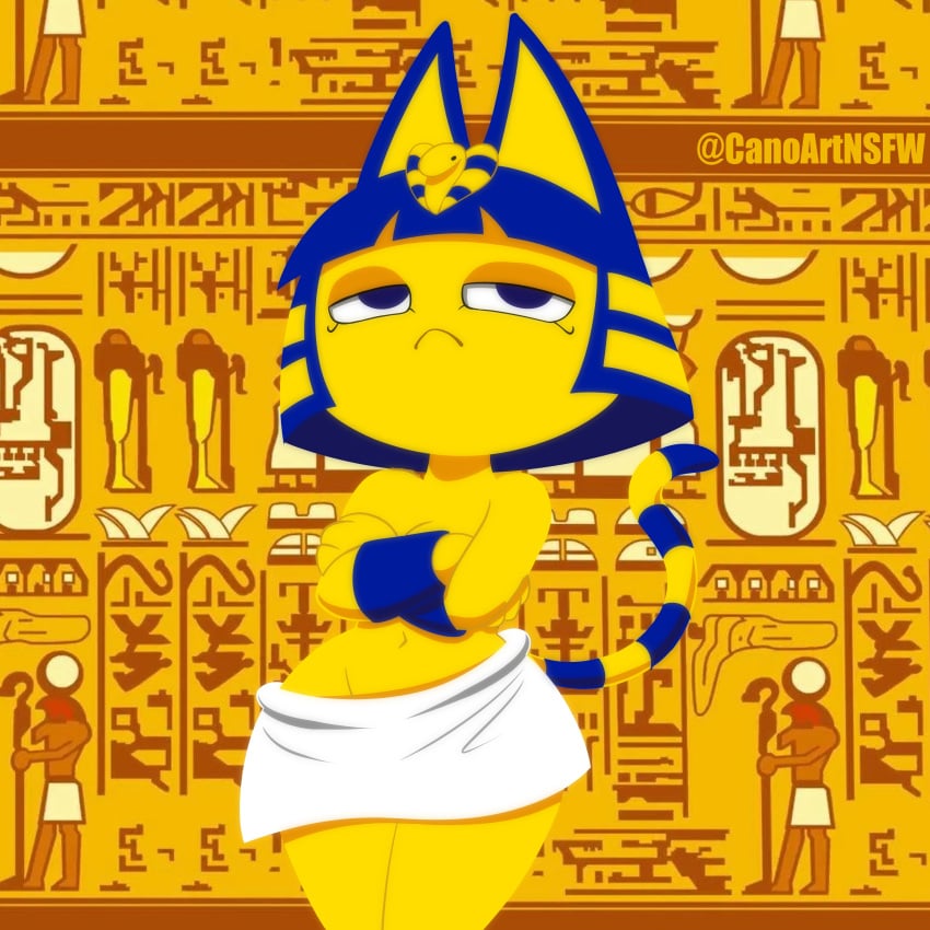 absurdres ancient_egyptian ancient_egyptian_clothes animal_crossing animal_ears ankh ankha ankha_(animal_crossing) arm_guards black_eyes blue_fur blue_hair blunt_bangs bob_cut body_fur breasts canoartnsfw cat_ears cat_girl cat_tail cleavage colored_skin female furry furry_female groin hair_ornament hieroglyphics highres loincloth navel sanoarts short_hair snake_hair_ornament striped_tail tail thighs uraeus wide_hips yellow_fur yellow_skin