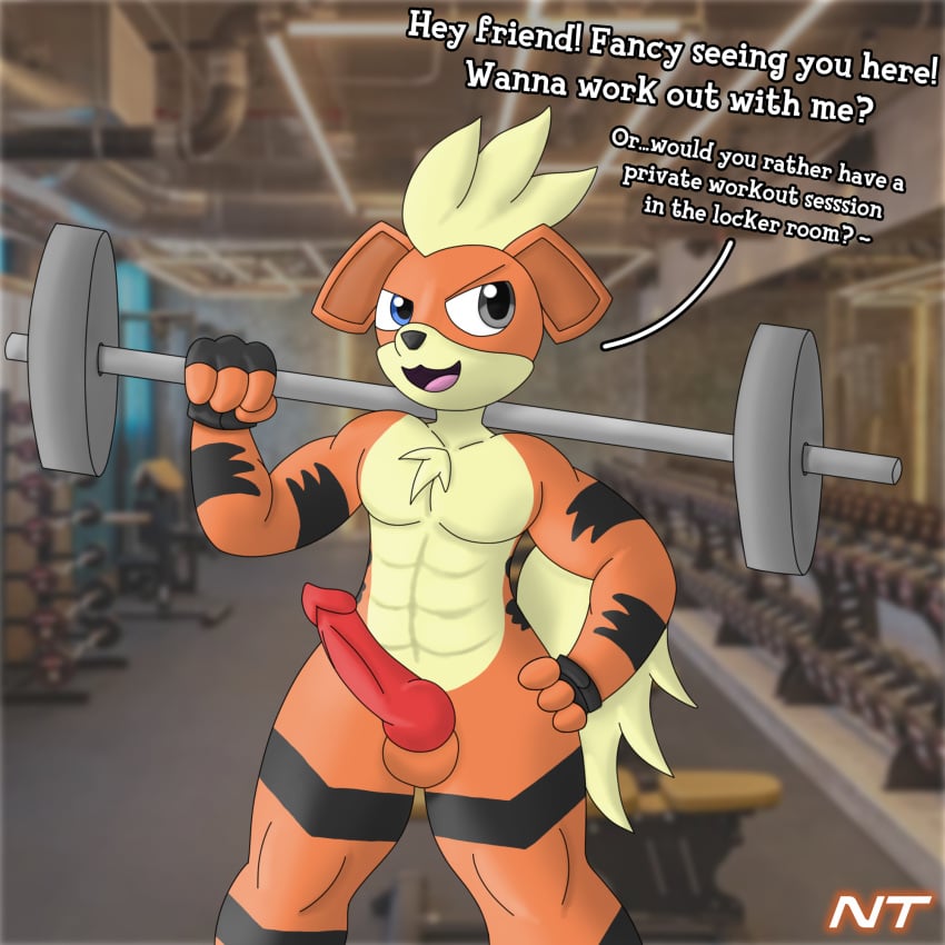 abs animal_genitalia animal_penis anthro barbell belly blaze_ignatius canid canine canine_genitalia canine_penis chest_tuft clothing dialogue erection exercise fingerless_gloves fluffy fluffy_tail fur generation_1_pokemon genitals gloves gloves_only growlithe gym hair hand_on_hip handwear handwear_only head_tuft heterochromia hi_res holding_barbell holding_object inside knot knotted_penis lifting looking_at_viewer male male_only mammal mostly_nude muscular ninjatreecko nintendo nude nude_male open_mouth orange_body orange_fur penis pokemon pokemon_(species) pokemorph smile sole_male solo solo_male standing striped_body stripes tail talking_to_viewer tan_belly tongue tuft weightlifting weights workout