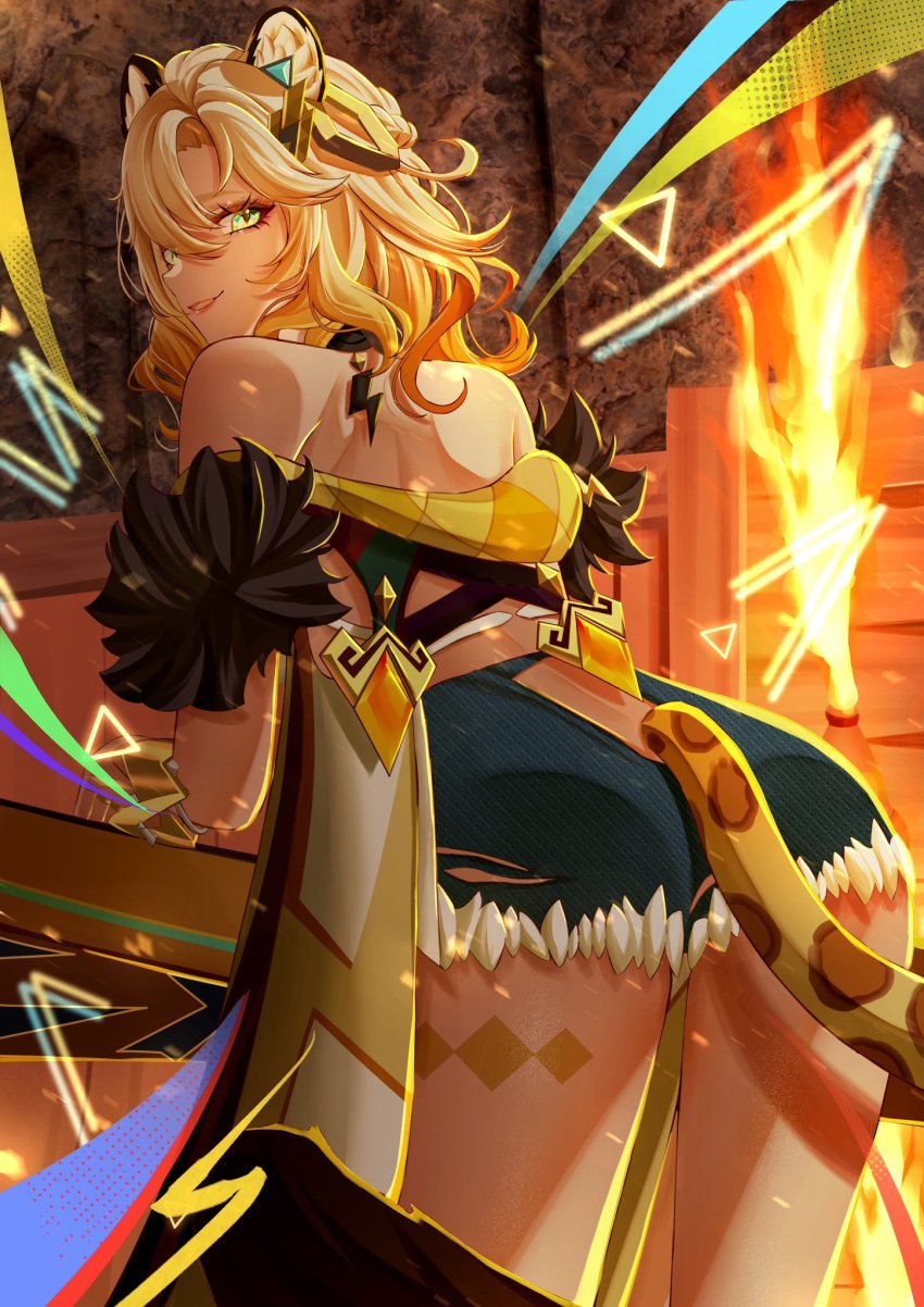 1girls 2024 amused ass ass bare_shoulders bent_forward big_ass big_butt blonde_hair blonde_hair_female blondie body_marking body_markings cave cave_interior cutout daisy_dukes female female_focus female_only furry_ears genshin_impact gold_jewelry gold_trim green_eyes green_eyes_female hair_ornament hair_ornaments hand_on_table hoyovere indoor indoors jaguar_girl jaguar_tail jean_shorts jewelry leaning_on_table legs legs_apart lightning_bolt lightning_bolt_symbol looking_at_viewer looking_back looking_back_at_viewer no_sex november pale-skinned pale-skinned_female pale_skinned_female plump_ass plump_butt shorts smile smiling smiling_at_viewer solo_female spread_legs tail thighs tight_shorts torch wall wall_(structure) wooden_wall xilonen_(genshin_impact)