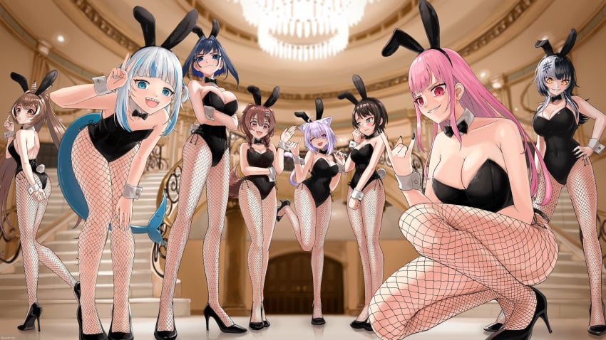 6+girls 8girls arms_folded big_ass big_breasts blue_eyes blue_hair blushing_at_viewer blushing_female brown_eyes brown_hair bunny_ears cahryos cat_ears cat_girl cat_tail dog_ears dog_girl embarrassed_female fishnet_legwear fishnets gawr_gura glowing_eyes goth_girl high_heels hololive hololive_english hololive_english_-advent- hololive_english_-council- hololive_english_-promise- hololive_gamers hololive_gen_2 hololive_japan hololive_myth inugami_korone leaning_down long_hair long_legs low-angle_view mansion mori_calliope multiple_girls nanashi_mumei nekomata_okayu oozora_subaru ouro_kronii owl_girl pink_hair shark_tail sharp_teeth shiori_novella short_hair smug_smile thick_thighs virtual_youtuber white_hair