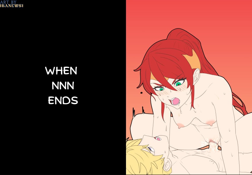 1boy 1girls blue_eyes cowgirl_position destroy_dick_december green_eyes ibanews1 jaune_arc long_hair no_nut_november nude ponytail pyrrha_nikos red_hair rwby tagme