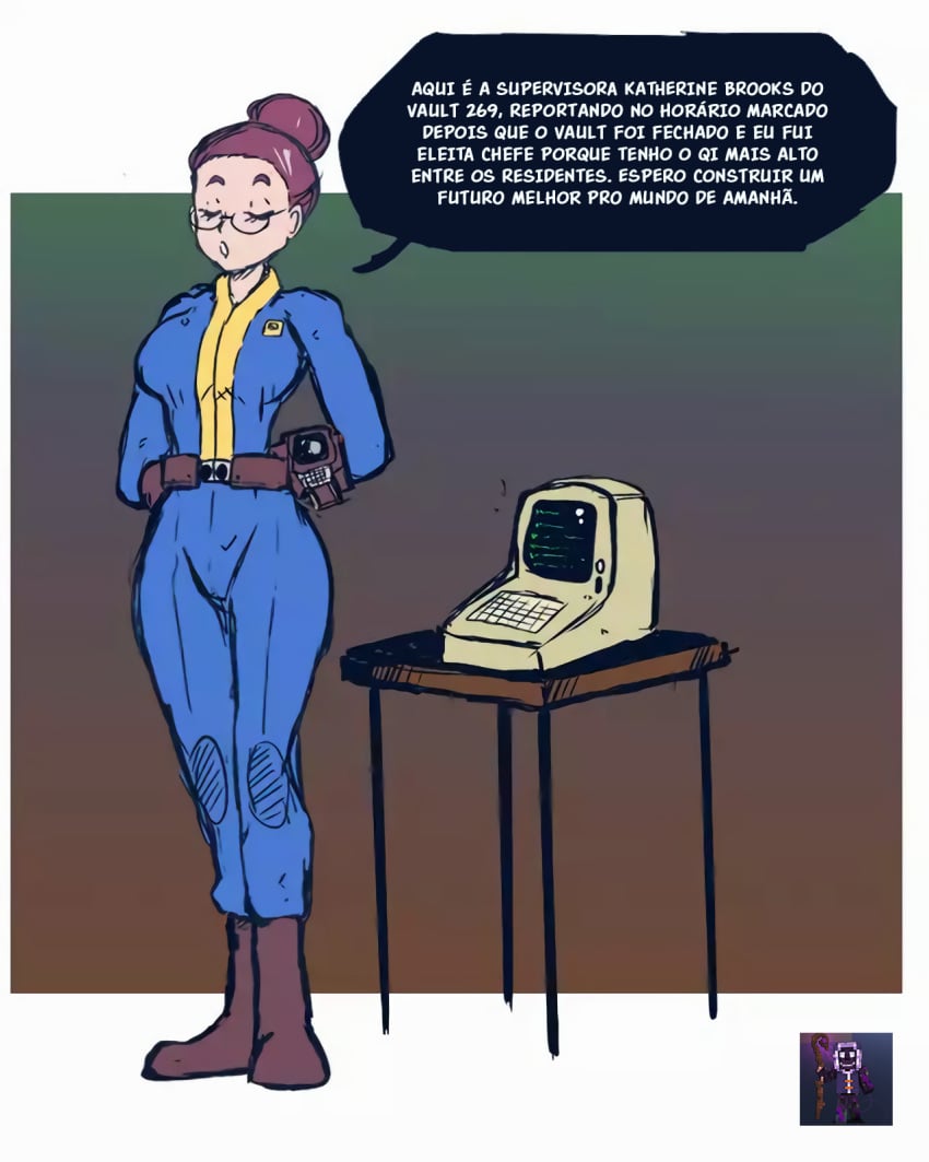 2024 ass_expansion background brain_drain breast_expansion clothing colored comic computer dialogue edit electronics fallout female hourglass_figure huge_ass huge_breasts human pale_skin photoshop portuguese portuguese_dialogue portuguese_text shishikasama text unaware vault_dweller vault_girl vault_suit watermark