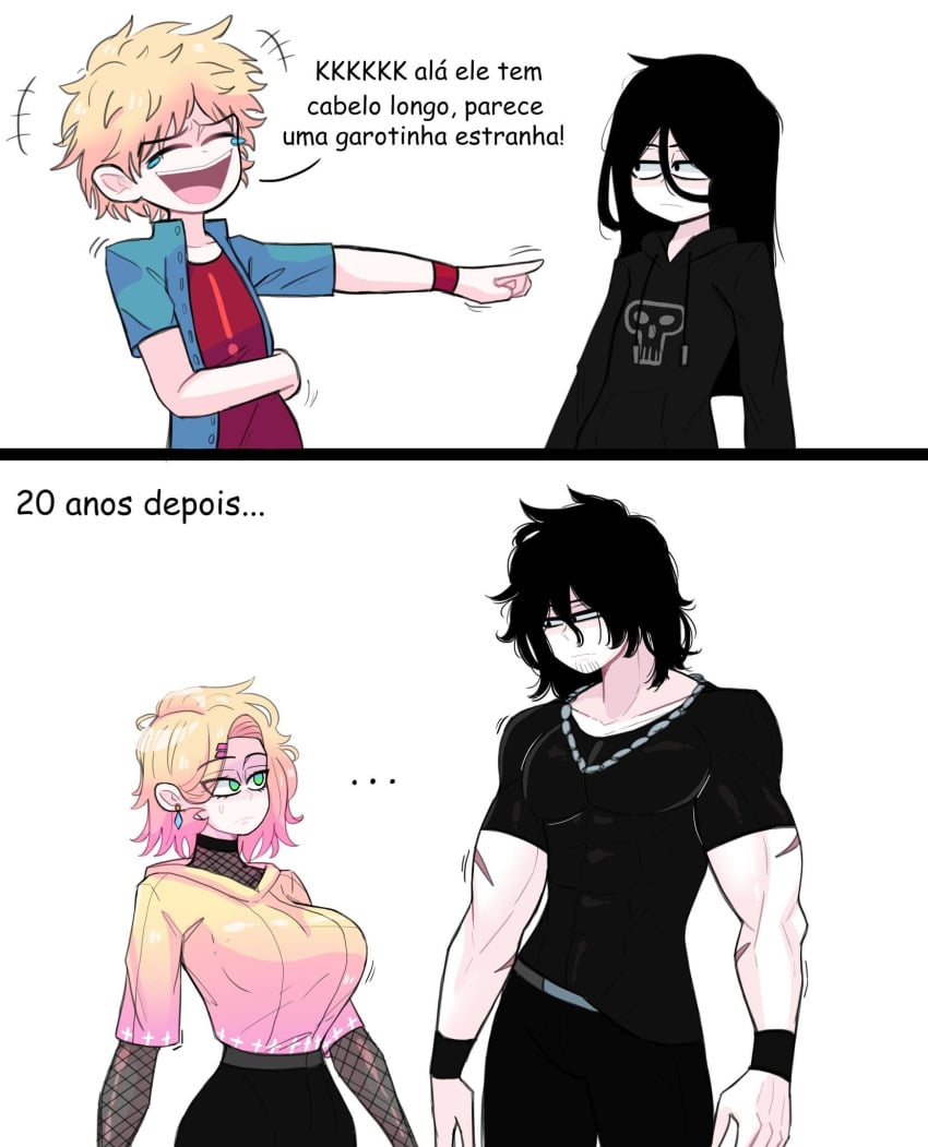 ... 1boy1girl 2koma allenhara big_breasts black_hair blonde_hair broad_shoulders dialogue earrings female green_eyes hair_ornament laughing logan_(allenhara) long_hair male muscular muscular_male original pink_hair portuguese_text sasha_(allenhara) scar trans_woman_(lore) translation_request wide_hips