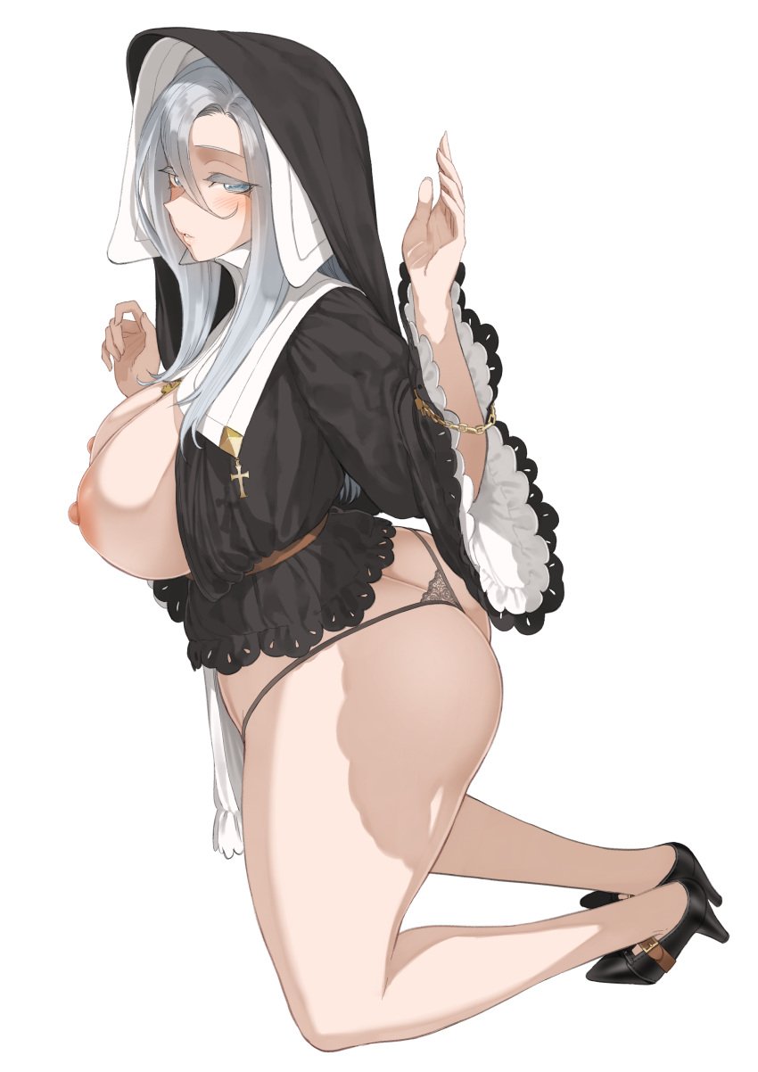 ass bare_legs bare_thighs black_footwear blush breasts breasts_out grey_eyes grey_hair heredia_(throtem) huge_breasts long_hair long_sleeves nipples nun nun's_habit on_knees open_clothes original parted_lips thighs thong throtem underwear