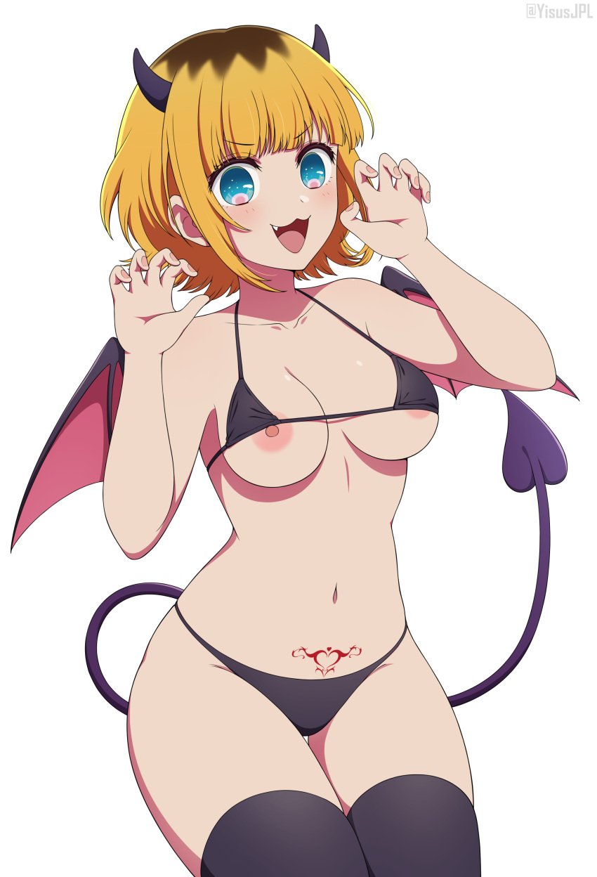 absurdres bikini black_bikini blonde_hair blue_eyes blush breasts brown_hair demon_girl demon_horns demon_tail demon_wings fake_horns female female_only halloween highres horns looking_at_viewer medium_breasts medium_hair memcho multicolored_hair navel nipples one_breast_out open_mouth oshi_no_ko pubic_tattoo revealing_clothes simple_background skimpy_clothes smile solo swimsuit tail tattoo white_background wings yisusjpl