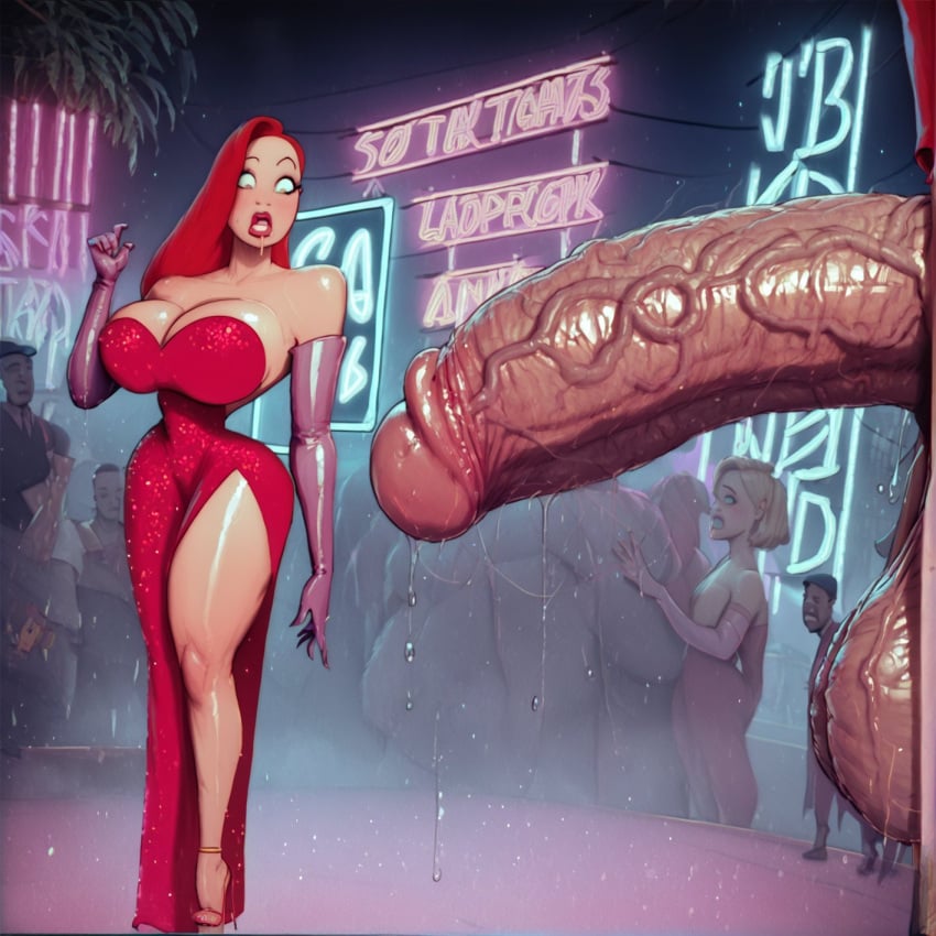 ai_generated big_ass big_breasts big_penis cock_shock curvy dress gloves huge_breasts huge_cock jessica_rabbit penis_awe shocked sssilver5 surprised veiny_penis who_framed_roger_rabbit