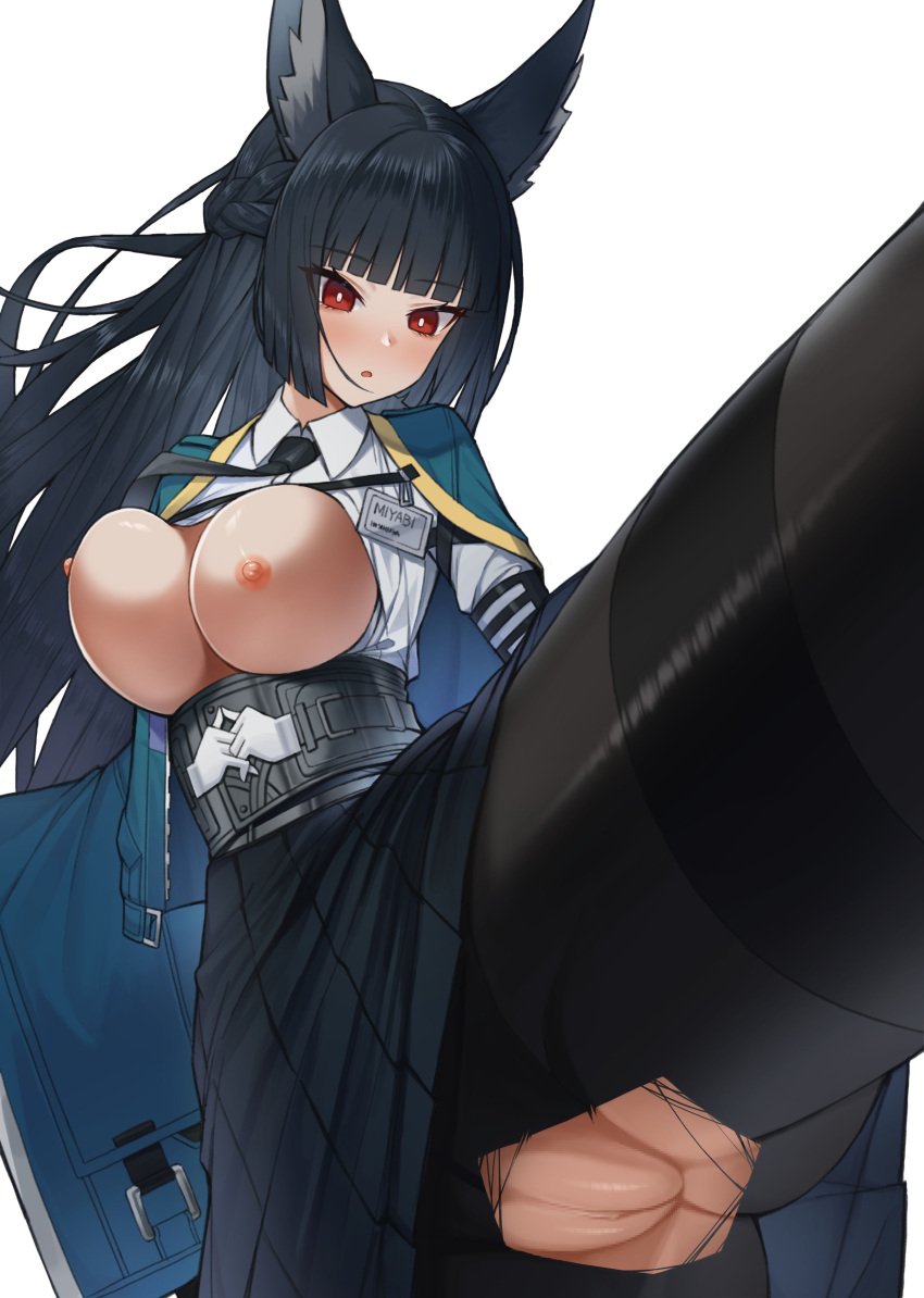 absurdres animal_ear_fluff animal_ears black_gloves black_hair black_pantyhose black_skirt blunt_bangs blush breasts breasts_out censored dress_shirt female fox_ears fox_girl gloves green_jacket hank_(gogaek) high-waist_skirt high_kick highres hoshimi_miyabi jacket jacket_on_shoulders kicking large_breasts long_hair looking_ahead mosaic_censoring nipples open_mouth paid_reward_available pantyhose pussy red_eyes shirt sidelocks simple_background skirt solo standing torn_clothes torn_pantyhose variant_set white_background white_shirt zenless_zone_zero