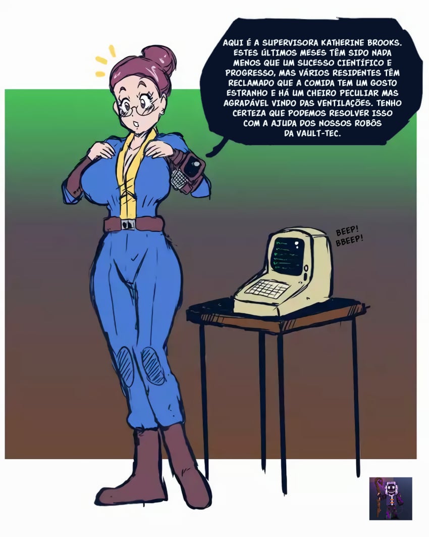 2024 ass_expansion background brain_drain breast_expansion clothing colored comic computer desktop dialogue edit electronics fallout female hourglass_figure huge_ass huge_breasts human pale_skin photoshop portuguese portuguese_dialogue portuguese_text shishikasama text unaware vault_dweller vault_girl vault_suit watermark