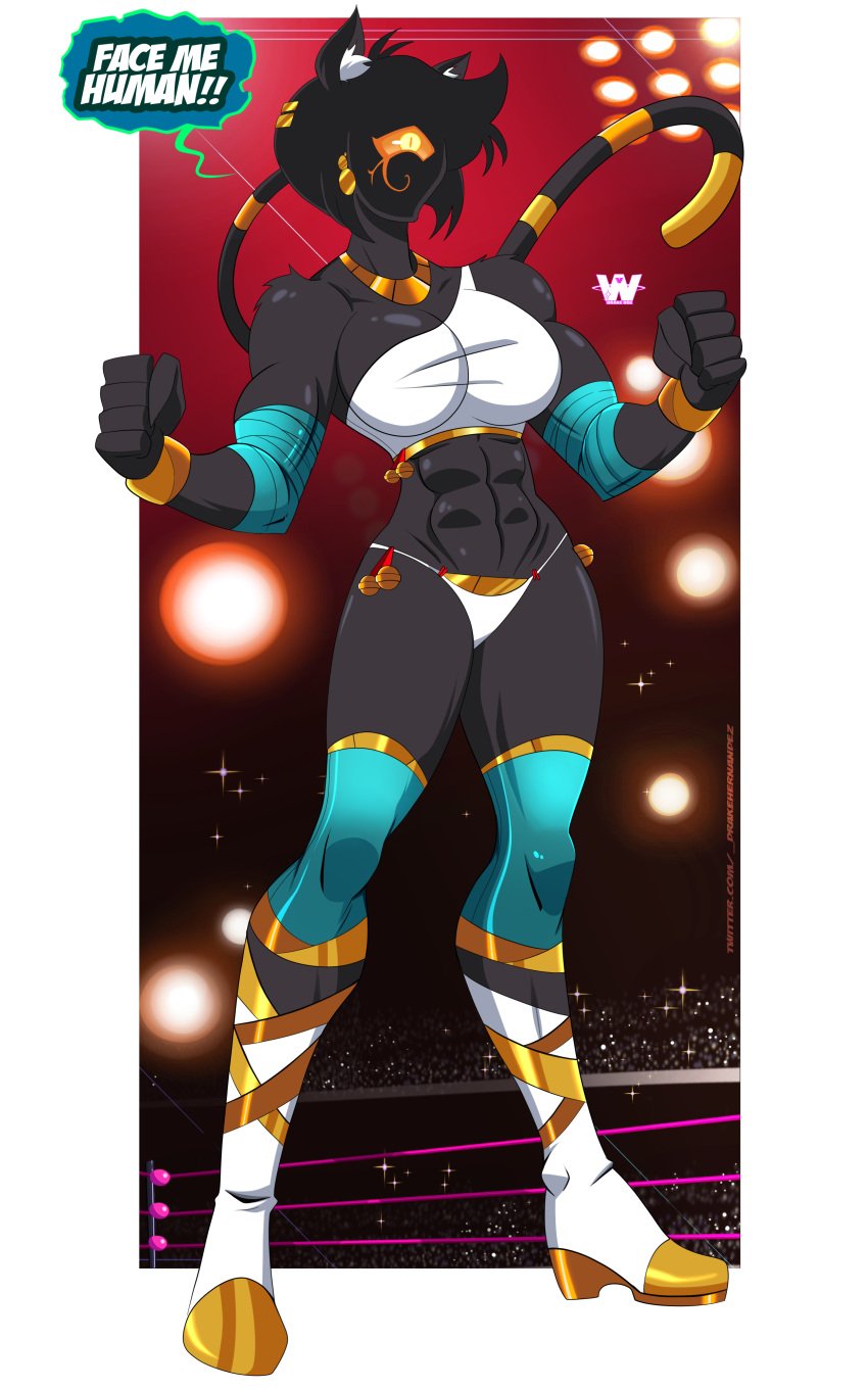 abs auntie_nyan_nyan black_nyanlathotep commission commissioner_upload dialogue eldritch eldritch_being eldritch_humanoid female female_focus female_only great_dude muscular muscular_female nyanlathotep sucker_for_love sucker_for_love:date_to_die_for wrestler wrestling wrestling_outfit wrestling_ring