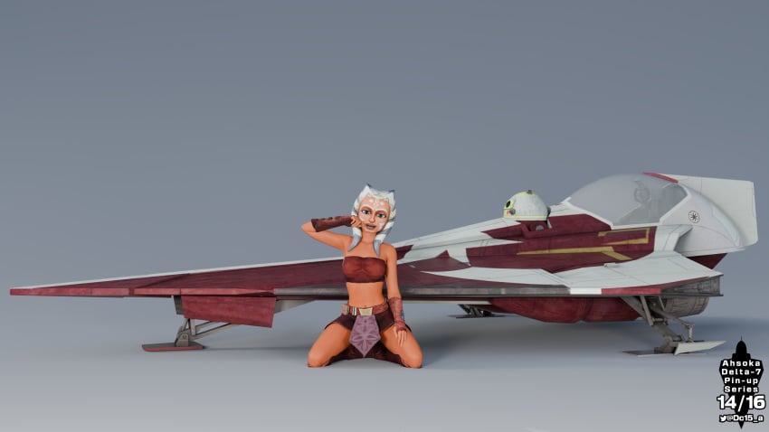 1girls 3d ahsoka_tano alien astromech_droid boots clone_wars dc15-a female female_only gloves hand_on_face jedi jedi_padawan kneeling looking_at_viewer on_floor orange_body orange_skin pinup pinup_(style) pinup_girls pinup_pose simple_background skirt solo spacecraft spaceship spread_legs star_wars the_clone_wars:_season_one togruta tubetop