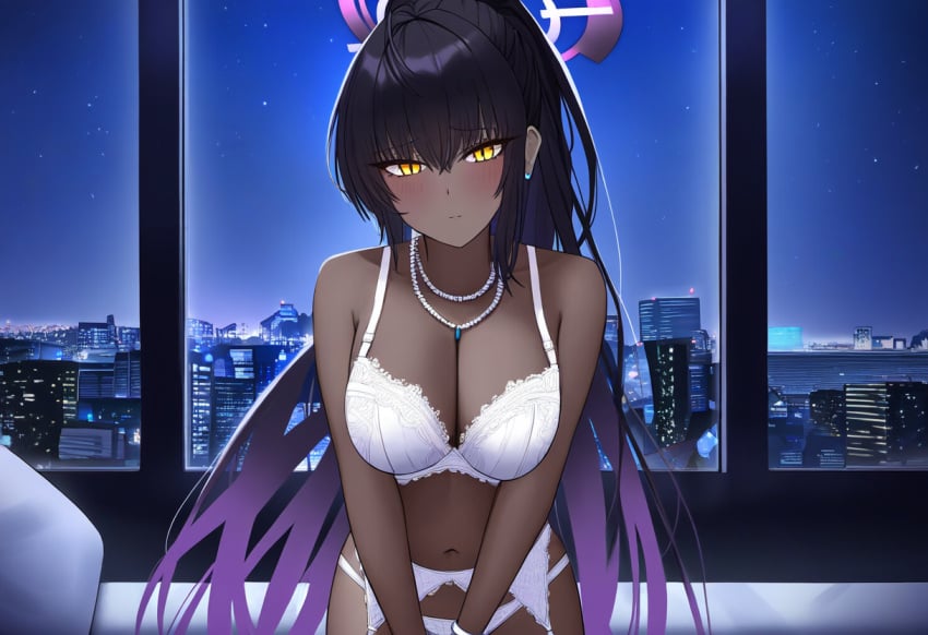 ahoge ai_generated bed black_hair blue_archive blush cityscape cleaning_&amp;_clearing_(blue_archive) closed_mouth earrings female garter_belt halo indoors karin_(blue_archive) large_breasts lingerie long long_hair looking_at_viewer millennium_science_school_student necklace night novelai ponytail shy standing v_arms white_bra white_panties yellow_eyes