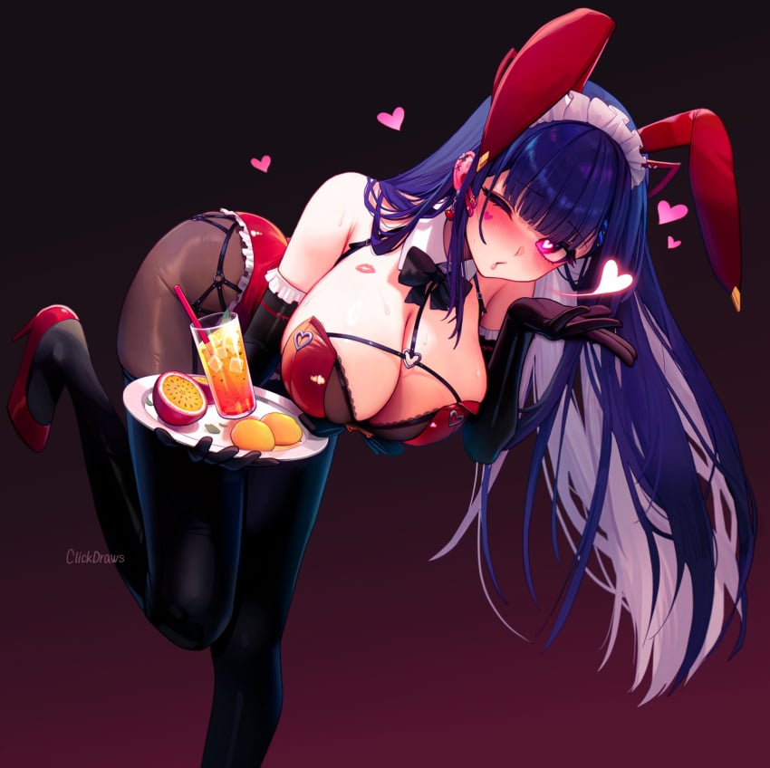 1girls air_kiss akuma_nihmune black_gloves blue_hair blush breasts bunnysuit chu cleavage clickdraws eyebrows_visible_through_hair fake_animal_ears fake_rabbit_ears female female_only food fruit gloves headress heart heart-shaped_pupil heel huge_breasts indie_virtual_youtuber juice kiss_mark light-skinned_female light_skin lipstick_mark maid_headdress marking_below_eyes one_eye_closed red_heel serving_tray solo straw symbol-shaped_pupil virtual_youtuber