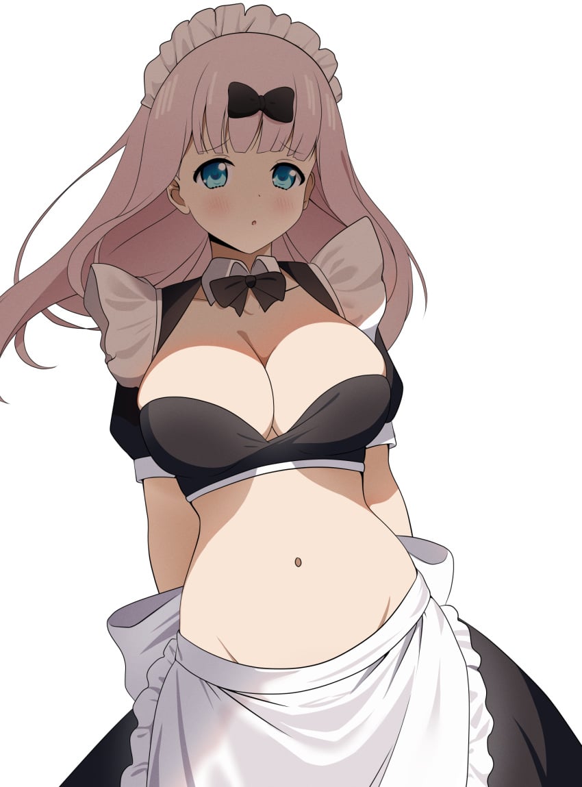 1girls absurd_res absurdres apron arm_behind_back arms_behind_back bare_arms bare_belly bare_chest bare_hips bare_midriff bare_navel bare_skin belly belly_button black_bow black_hair_bow blue_eyes blue_eyes_female blunt_bangs blush blush_face blush_lines blushed_face blushing_at_viewer blushing_face blushing_female breasts busty busty_female busty_teen cleavage collarbone coro_fae curvy curvy_body curvy_female curvy_figure curvy_hips curvy_teen dot_nose embarrassed embarrassed_exposed_female embarrassed_expression embarrassed_female exposed_arms exposed_belly exposed_chest exposed_hips exposed_midriff exposed_navel exposed_skin eyebrows_visible_through_hair fair_skin female female_focus female_only fujiwara_chika hairbow hand_behind_back hands_behind_back high_resolution high_school_student highres hourglass_figure kaguya-sama_wa_kokurasetai_~tensai-tachi_no_renai_zunousen~ large_breasts lean_body lean_figure light-skined_female light-skinned light-skinned_female light_skin light_skin_female light_skinned light_skinned_female long_hair looking_at_viewer maid maid_apron maid_cap maid_dress maid_headdress maid_outfit maid_uniform midriff narrow_waist navel pink_eyebrows pink_hair pink_hair_female school_girl shoulders simple_background slender_body slender_waist slim_girl slim_waist smooth_skin solo standing teen_girl teenage_girl teenager thin_waist underboob upper_body v-line white_apron white_background wide_hips