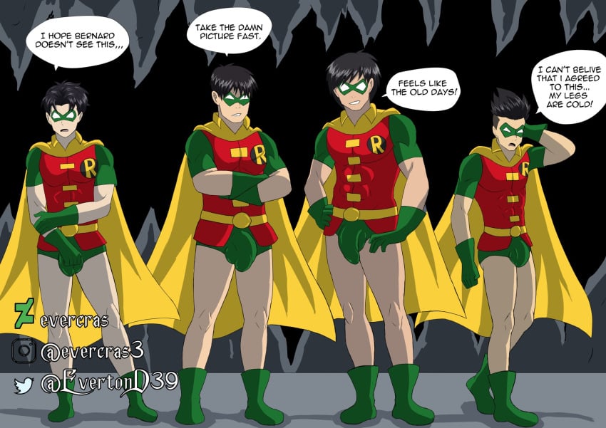 4boys abs balls bulge bulge_through_clothing damian_wayne dc dc_comics dick_grayson evercras human human_focus human_only jason_todd male male_focus male_only muscular muscular_male penis quartet quartet_focus robin_(damian_wayne) robin_(dc) robin_(dick_grayson) robin_(jason_todd) robin_(tim_drake) robin_suit speedo tim_drake