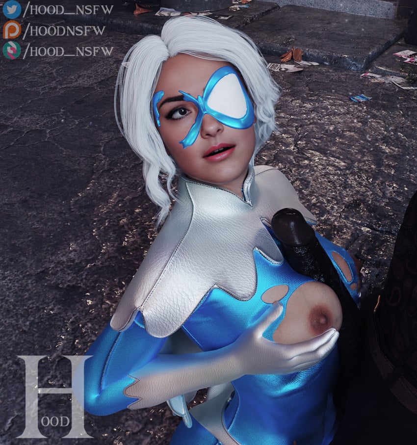 3d boobjob clothing costume dark-skinned_male dark_skin dawn_granger dc dc_comics dove_(dc) hawk_and_dove interracial partial_male sfm_hood superheroine titans white_hair