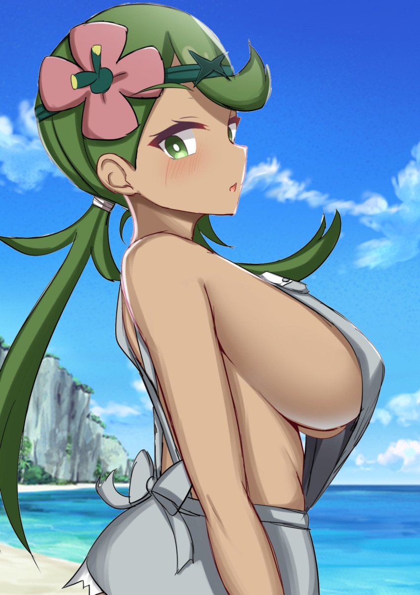 1girls big_breasts blush breast_focus breasts clothing female female_only game_freak green_eyes green_hair hair hair_ornament huge_breasts makochan42 mallow_(pokemon) nintendo overalls overalls_only pokemon pokemon_sm side_view sideboob solo solo_female twintails