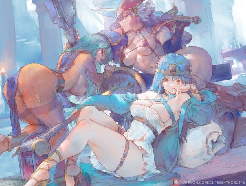 3girls ass blue_hair breasts cutesexyrobutts detailed_background dragon_quest female female_only large_breasts light-skinned_female light_skin looking_at_viewer priest_(dq3) sage_(dq3) soldier_(dq3) staff sword thighs wide_hips