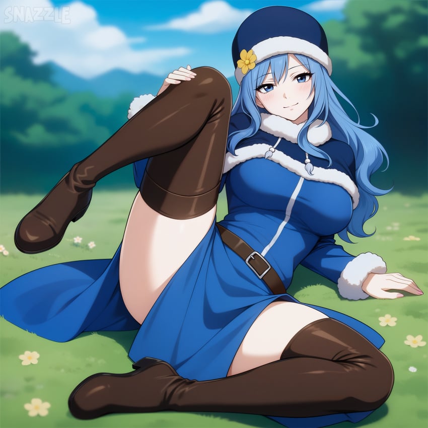 1girls ai_generated arm_support belt blue_dress blue_eyes blue_hair blue_headwear breasts brown_footwear capelet fairy_tail flower fur_trim half-closed_eyes hat juvia_lockser large_breasts leg_up long_hair long_sleeves looking_at_viewer lying outdoors pale_skin sky smile snazzdaz snazzle solo solo_focus stable_diffusion stockings thigh_boots watermark