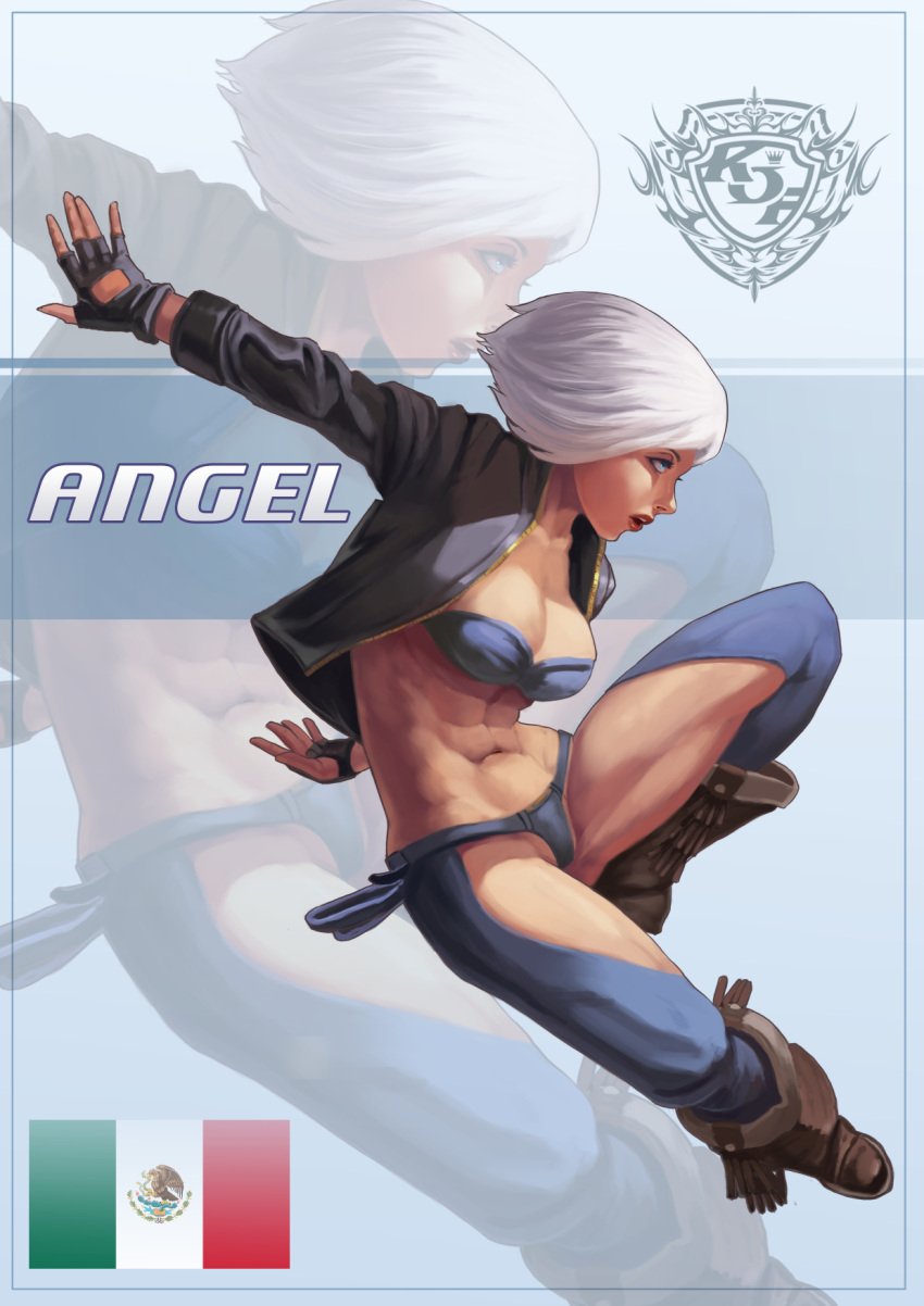 1girls angel_(kof) art_of_lec artoflec big_breasts blue_eyes boots breasts busty clothed female female_only flag gloves jacket king_of_fighters latex leather leather_clothing legs_spread legwear light-skinned_female light_skin mexico one_leg_up pale-skinned_female pale_skin short_hair snk spread_legs thick thick_thighs thighs thong video_games voluptuous white_hair