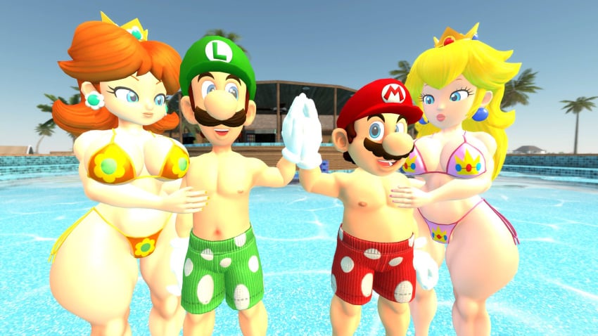 2boys 2girls 3d 3d_(artwork) bikini bikini_bottom bikini_top blonde_hair blue_eye breasts brown_hair clothing crown ear_piercing facial_hair female gloves green_hat green_shorts hat high_five hourglass_figure human light-skinned_female light-skinned_male light_skin lipstick long_hair luigi male male_nipples mario mario_(series) moustache nintendo nipples outdoors pool princess princess_daisy princess_peach red_hat red_shorts royalty standing straight super_mario_bros. thhypercombine voluptuous voluptuous_female water white_gloves wide_hips