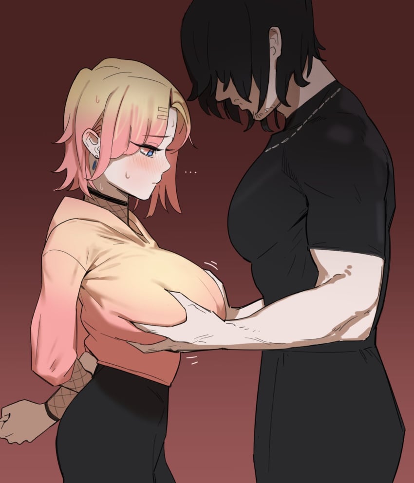 ... 1boy1girl big_breasts black_hair blonde_hair blue_eyes blush earrings facial_hair female female_focus fully_clothed groping hong_doo logan_(allenhara) male muscular_male nervous original pink_hair sasha_(allenhara)