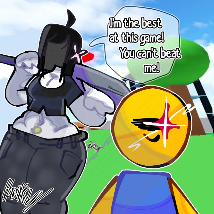 1boy 1girls 2d 2d_(artwork) 2d_artwork artist_name big_ass big_breasts black_hair clothed combat_warriors female giant_sword hogakku_ noob_(roblox) roblox roblox_avatar roblox_game robloxian speech_bubble tagme text tummy white_body