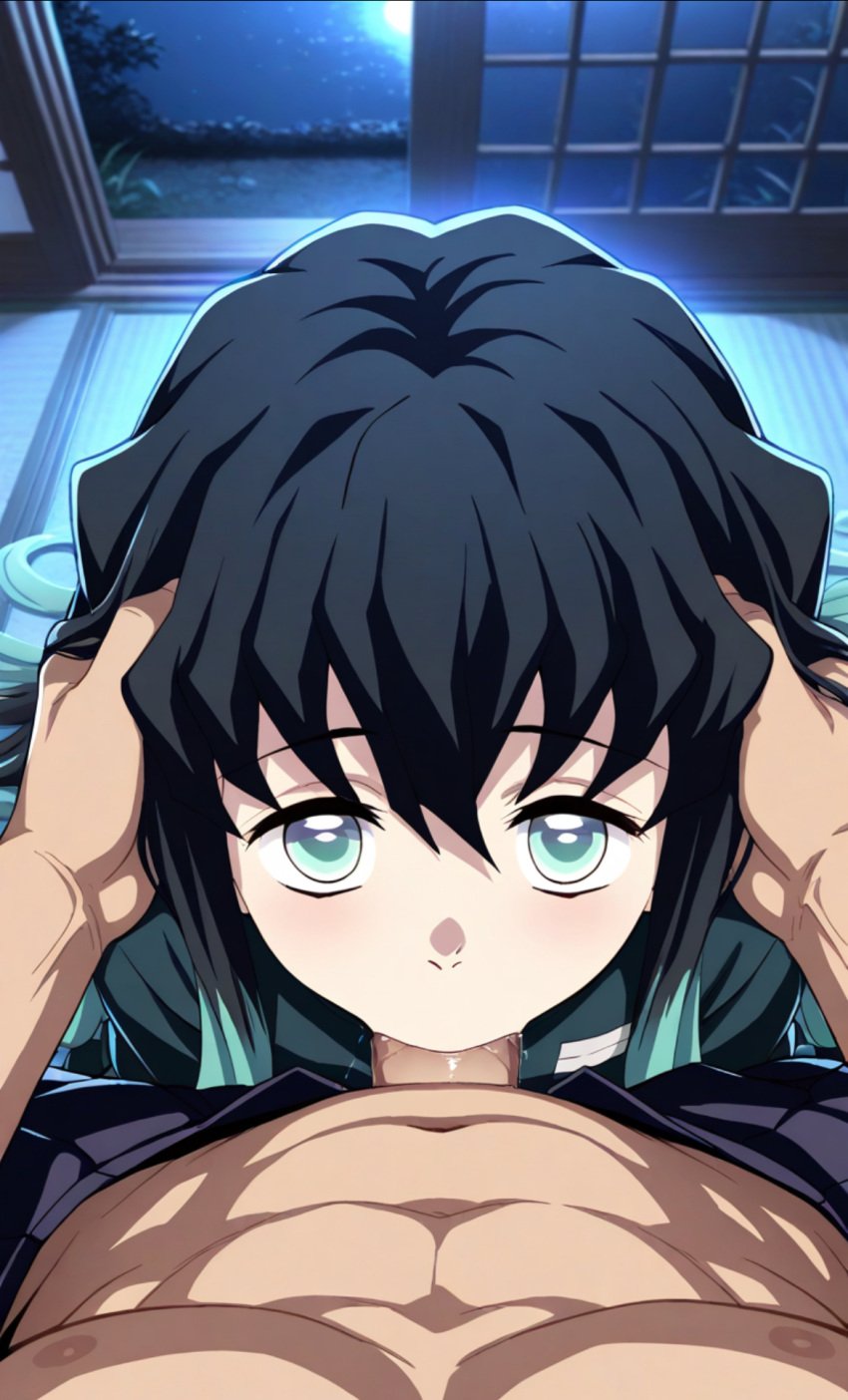 blowjob blowjob_pov blue_hair deepthroat demon_slayer drooling fellatio femboy_on_female feminine_male gay grabbing_head kimetsu_no_yaiba looking_at_viewer muichiro_tokitou pov_eye_contact submissive sucking_penis teenager two_tone_hair younger_male