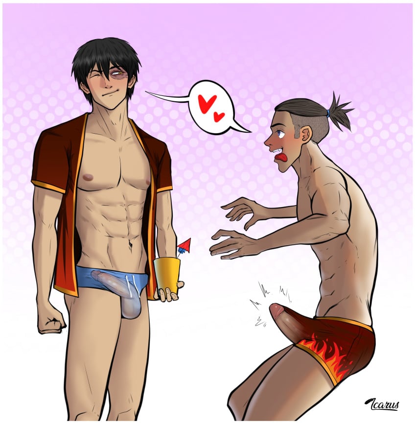 2boys abs avatar_legends avatar_the_last_airbender blush erection gay icarus_the_moon muscular_male nickelodeon nicktoons penis scar see-through skinny sokka yaoi zuko