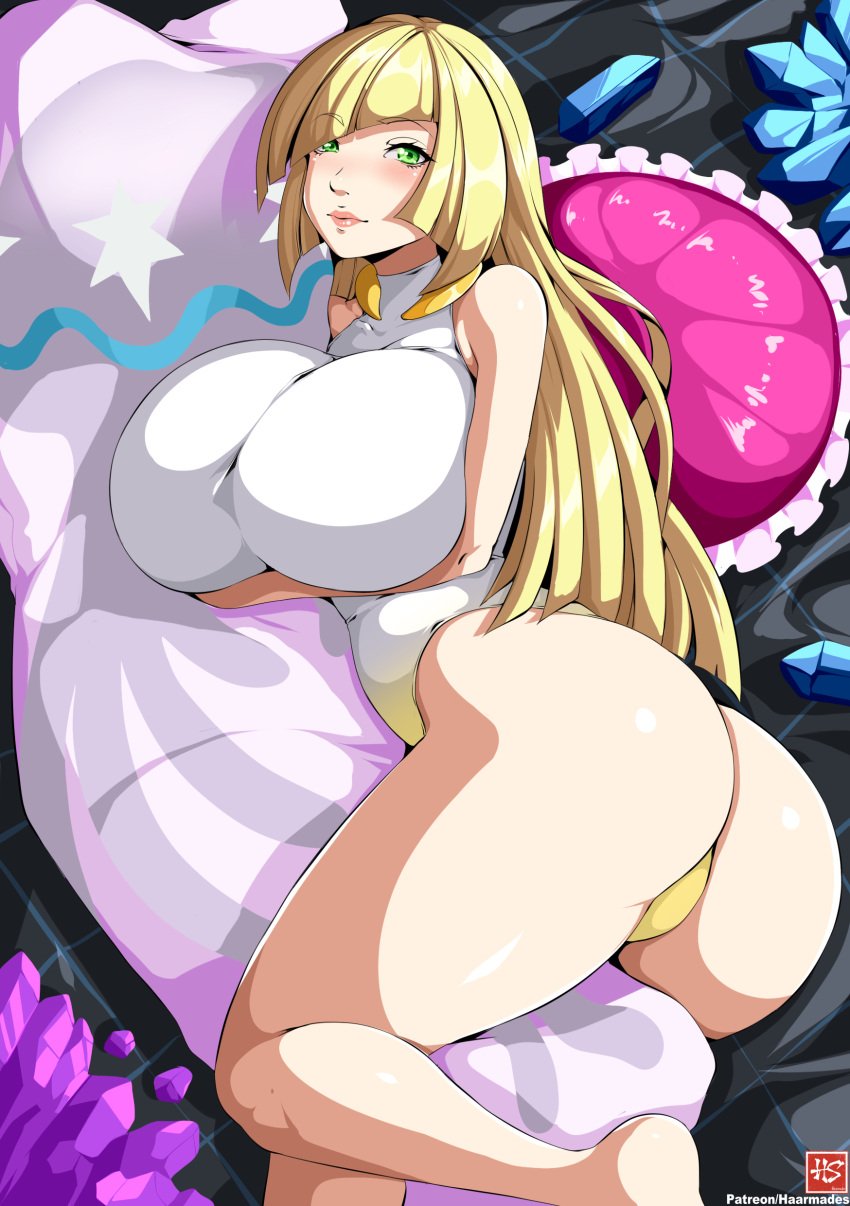 1girls ass big_ass big_breasts blonde_hair blush body_pillow breasts female female_focus female_only game_freak green_eyes haarmades hair huge_breasts large_breasts leotard lips long_hair lusamine_(pokemon) mature mature_female mature_woman milf mother pillow pokemon pokemon_sm solo solo_focus thighs white_leotard