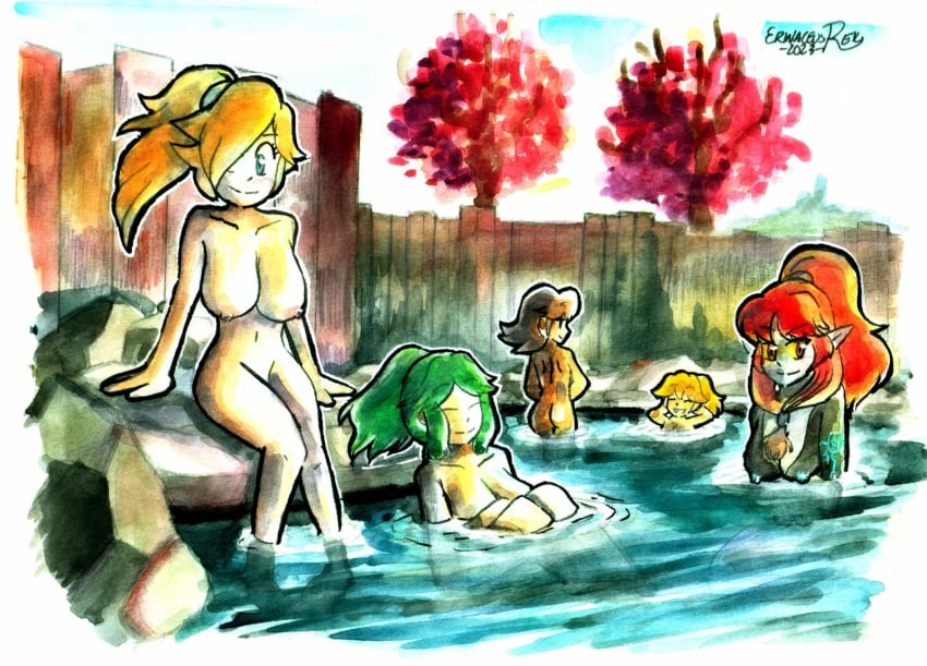 5girls blonde_hair erinaceus_rex_moulton female green_hair kid_icarus light-skinned_female mario_(series) midna nintendo nude onsen palutena princess_daisy princess_peach princess_rosalina red_hair tagme tan_skinned_female the_legend_of_zelda twili_midna twilight_princess