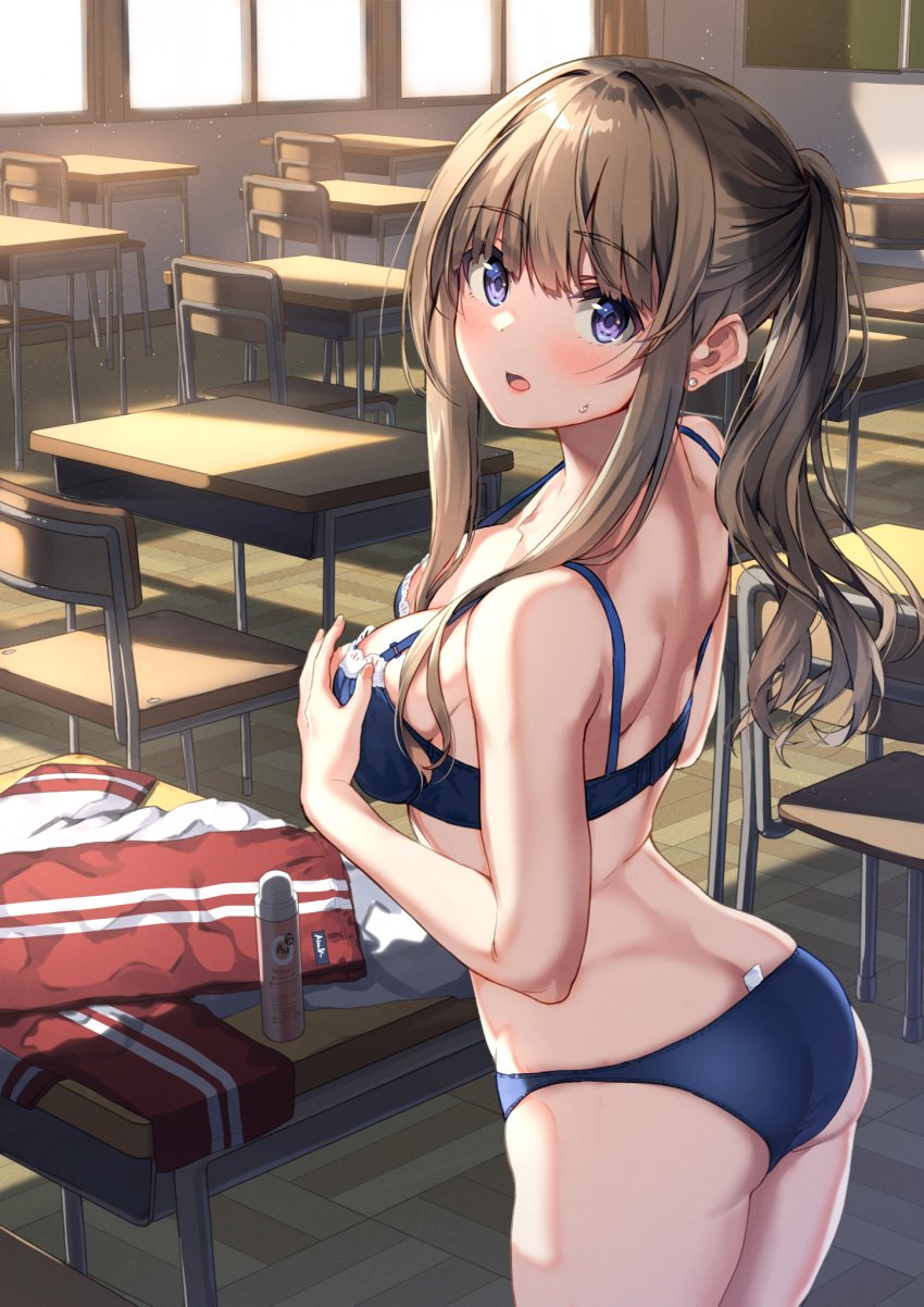 1girls :o arched_back ass bare_arms bare_legs black_bra black_panties blush bra breasts brown_hair butt_crack chair chalkboard classroom commentary_request desk gym_uniform highres indoors long_hair looking_at_viewer medium_breasts original panties panty_tag ponytail purple_eyes red_track_suit school_chair school_desk shoulder_blades sidelocks solo standing sweatdrop tag track_suit unasaka_ryou underwear window wooden_floor