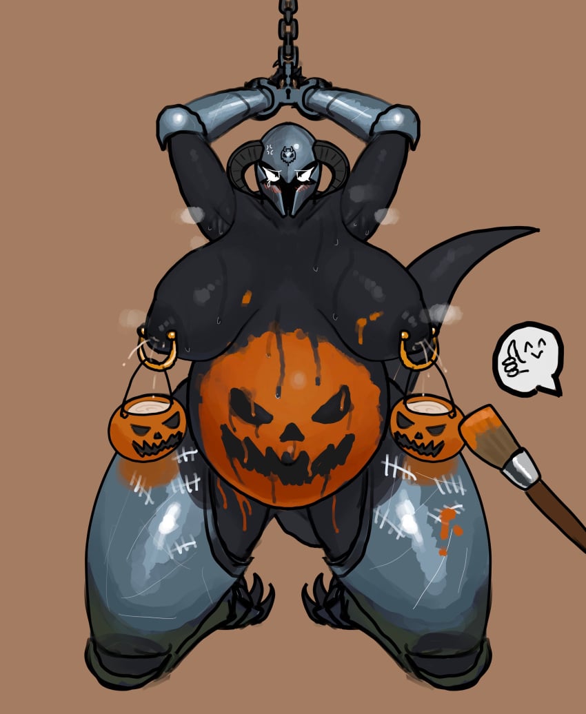 absurd_res after_rape after_sex animal_humanoid anthro areola armor arms_above_head belly big_breasts black_body black_nipples bodily_fluids bodypaint breasts breasts_apart dragon dragon_humanoid female food fruit halloween hi_res holidays horn humanoid im51nn5 inverted_nipples jack-o'-lantern lactating medieval_armour nipple_piercing nipple_weights nipples piercing plant pregnant pumpkin pumpkin_belly restrained restraints sagging_breasts solo tally_marks thick_thighs wide_hips