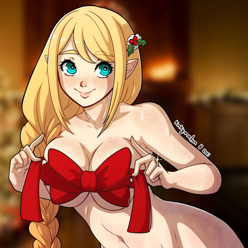 1girls aqua_eyes blonde_hair blurry_background braid breasts christmas christmas_elf elf elf_ears female female_only freckles hair_ornament heart-shaped_pupils hi_res holly_(kinkymation) kinkymation long_hair looking_at_viewer mistletoe nude nude_female pointy_ears ribbon ring smiling smiling_at_viewer solo solo_female upper_body wholesome