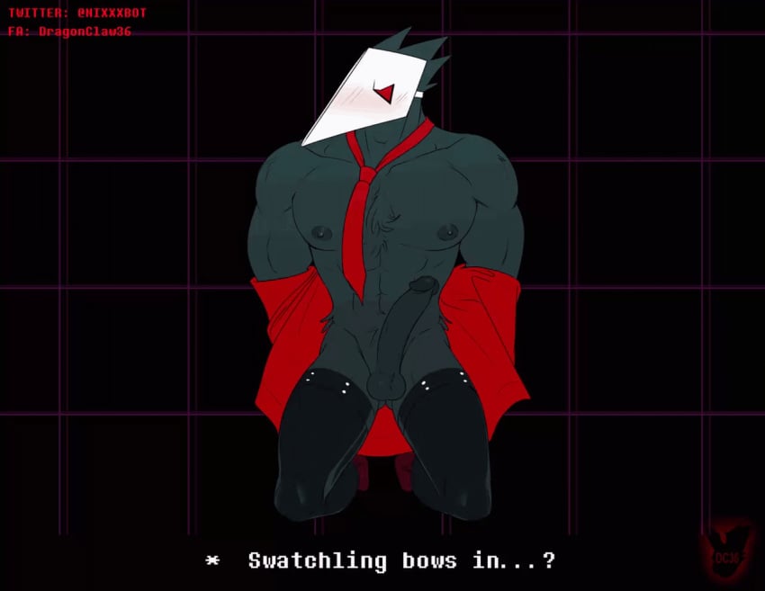 2021 2d abs animated anthro avian balls big_muscles big_penis black_background blush bodily_fluids closed_eyes clothed clothing cum cumshot darkner deltarune dragonclaw36 ejaculation english_text erection front_view genital_fluids genitals geometric_background gif grid_background hands-free humanoid_genitalia humanoid_penis legwear loop male mask muscular muscular_anthro muscular_male narrowed_eyes navel necktie nipples open_clothing pattern_background pecs penis presenting presenting_penis short_playtime simple_background solo spontaneous_ejaculation swatchling_(deltarune) text thigh_highs throbbing throbbing_balls throbbing_penis undertale_(series) undressing url video_games