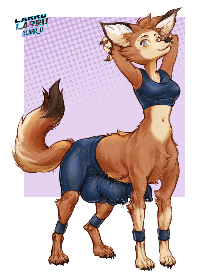 absurd_res anthro balls big_balls big_penis bodily_fluids bottomwear breasts bulge canid canid_taur canine canine_taur clothing diphallia diphallism dixie_seterdahl dripping fox fox_taur furgonomics furry genital_fluids genitals gym_bottomwear gym_clothing gym_shorts gynomorph hi_res huge_balls huge_cock intersex larru-larru mammal mammal_taur multi_genitalia multi_penis paintbrush_tail penis precum precum_drip shorts solo sweatband taur workout_clothing